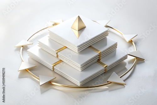 3D Pyramid of White Business Cards with Gold Edges & Circular Exchange Arrows – LinkedIn-Style Professional Flat Lay