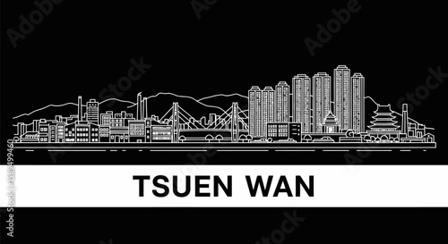 Tsuen Wan Skyline Hong Kong Cityscape Minimalist Design.