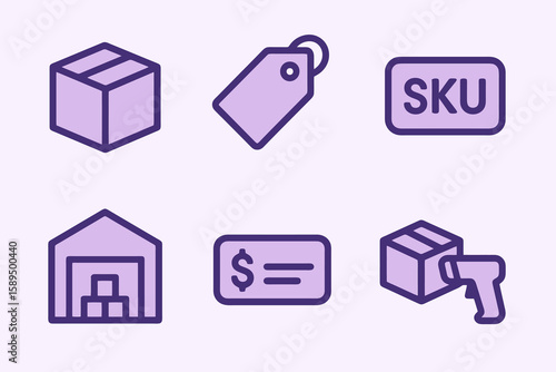 Flat ecommerce set with product icons: warehouse, barcode, SKU, label in lilac and deep purple.