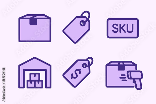 Product icons in purple tones: warehouse, SKU, tag, scan, box, label. Minimalist flat design.