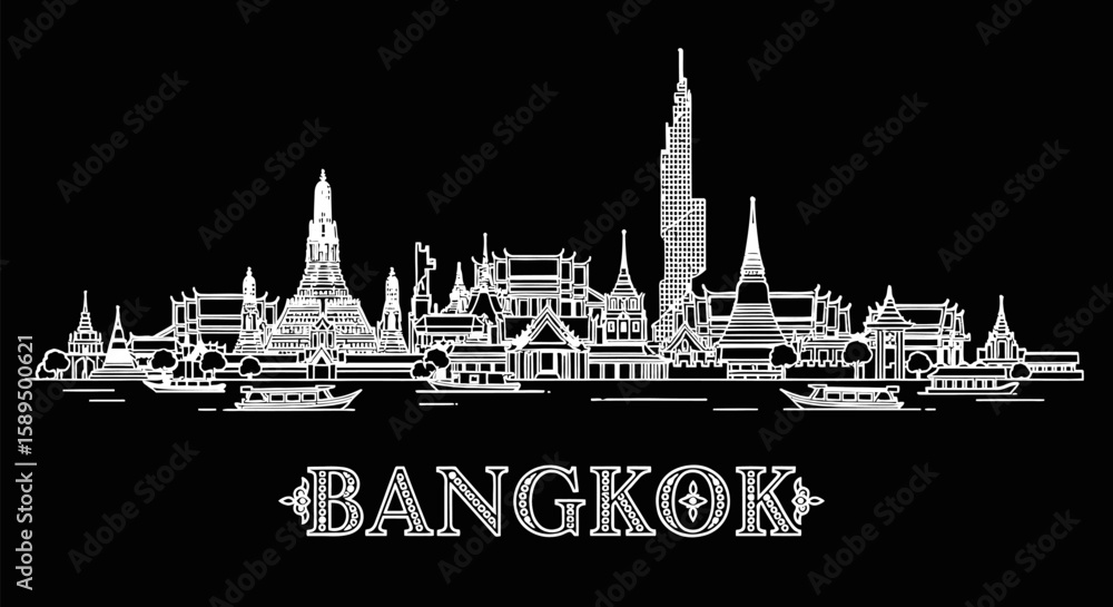 Fototapeta premium Bangkok Skyline Iconic Thai landmarks in minimalist white line art design.