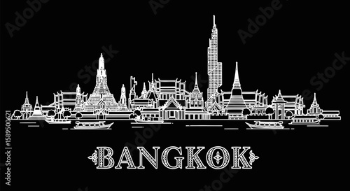 Bangkok Skyline Iconic Thai landmarks in minimalist white line art design.