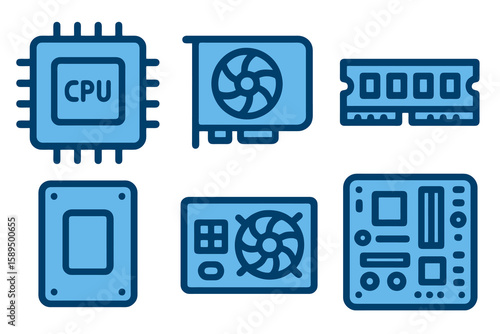 Blue flat icons of common computer parts: motherboard, RAM, graphics card, SSD, CPU, PSU. Transparent background.