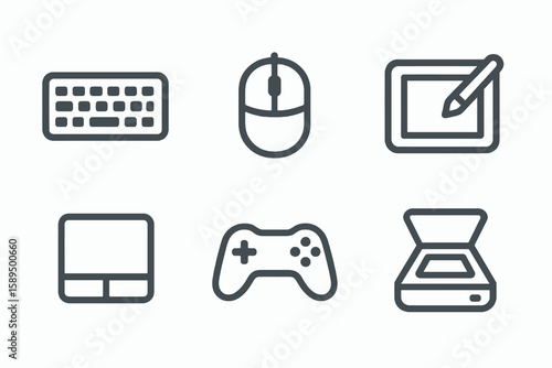 Set of cartoon icons in gray tones showing input devices: keyboard, mouse, tablet, controller, scanner.