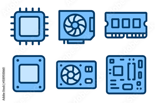 Cartoon vector hardware set with CPU, GPU, RAM, SSD, PSU and motherboard in blue tones. Isolated icons for UI or stock design.