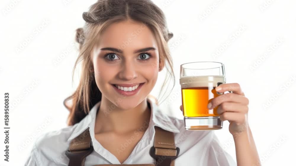 A happy woman holding a mug of beer and smiling A happy woman holding a mug of beer and smiling