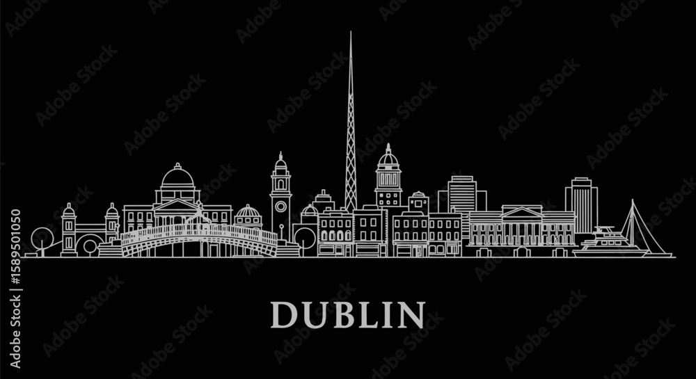 Obraz premium Dublin Skyline Minimalist White Outline on Black Background Modern Dublin.