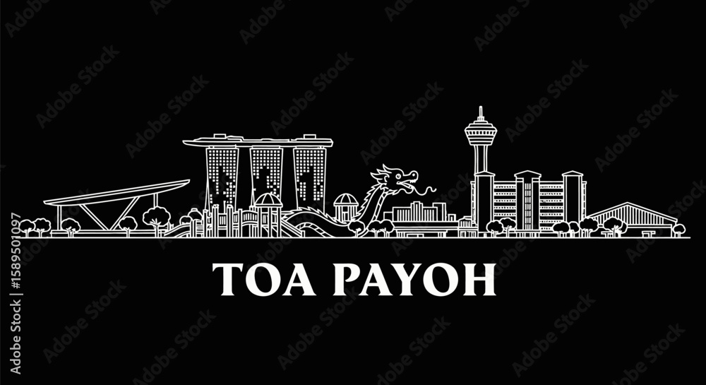 Fototapeta premium Toa Payoh Skyline Singapores Heartlands White Outline on Black.