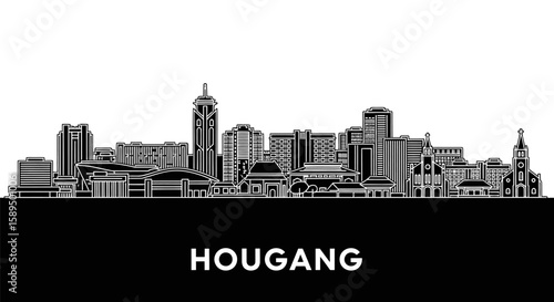 Hougang with Singapore Modern Cityscape, and Minimalist Black and White Outline.