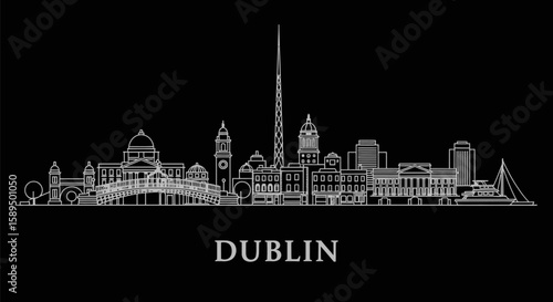Dublin Skyline Minimalist White Outline on Black Background Modern Dublin.