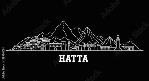 Hatta with UAE Skyline Minimalist white outline against black background.