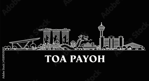 Toa Payoh Skyline  Singapores Heartlands  White Outline on Black.