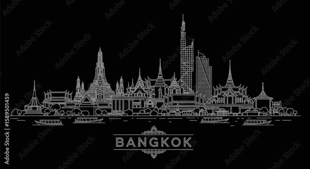 Naklejka premium Bangkoks Skyline Minimalist White Outline on Black with Thailand.