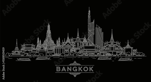 Bangkoks Skyline Minimalist White Outline on Black with Thailand.