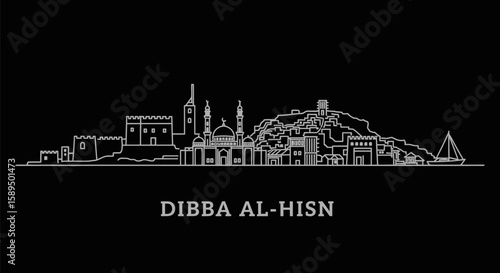 Dibba AlHisn Minimalist Skyline Vector on Black Travel Destination.