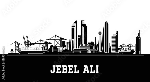 Dubais Coastal HubJebel Ali Skyline Silhouette with UAE Industrial Scene.