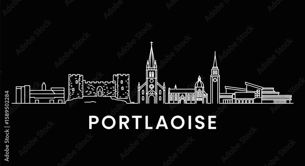 Obraz premium Portlaoise with Ireland skyline outline, and monochrome vector icon.