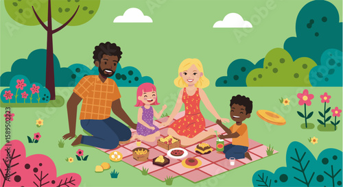 Happy Diverse Family Enjoying Picnic Outdoors