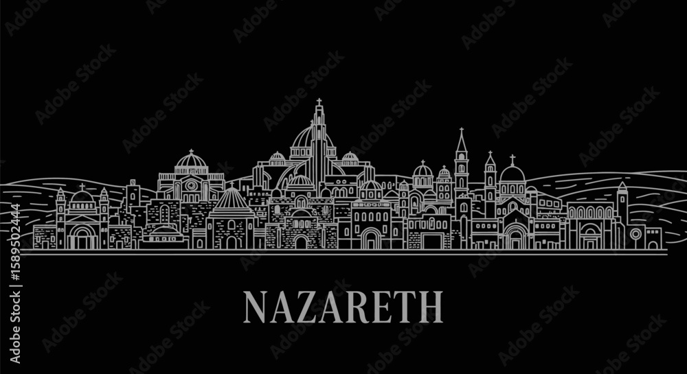 Fototapeta premium Nazareth Skyline Outline City of Jesus with Monochrome Elegance.