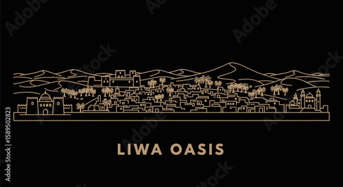 Liwa Oasis Line Art Golden Desert Town Silhouette on Black.