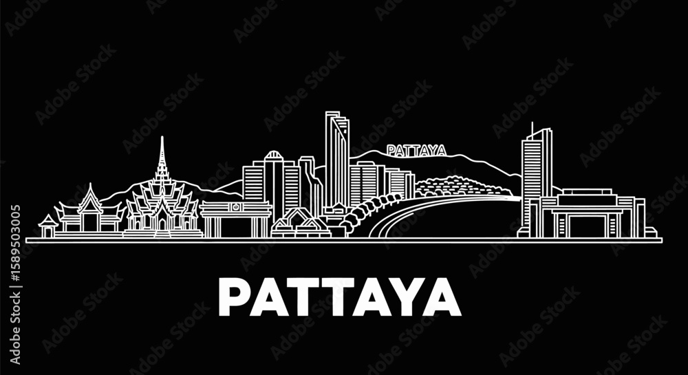 Naklejka premium Pattaya Skyline Silhouette Thailand Cityscape Outline Vector on Black.