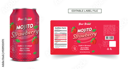Mojito drink can label design Strawberry drink label, cocktail label design. Soda can vector, Energy drink mocktail, strawberry soft drink label template editable vector mojito design