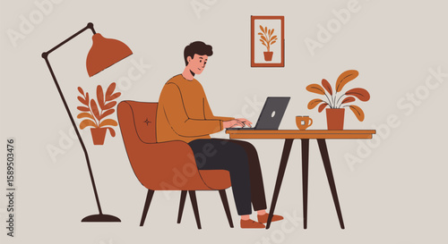 Man Working from Home on Laptop with Plant