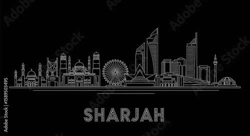 Sharjah Skyline Minimalist White Line Art on Black Background.