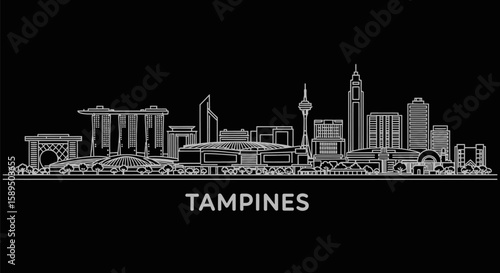 Tampines Skyline Minimalist White Outline on Black Background.
