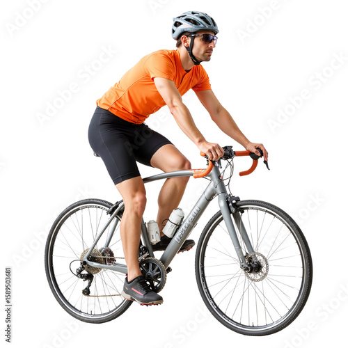 Male cyclist riding bicycle in sporty attire on a white background  