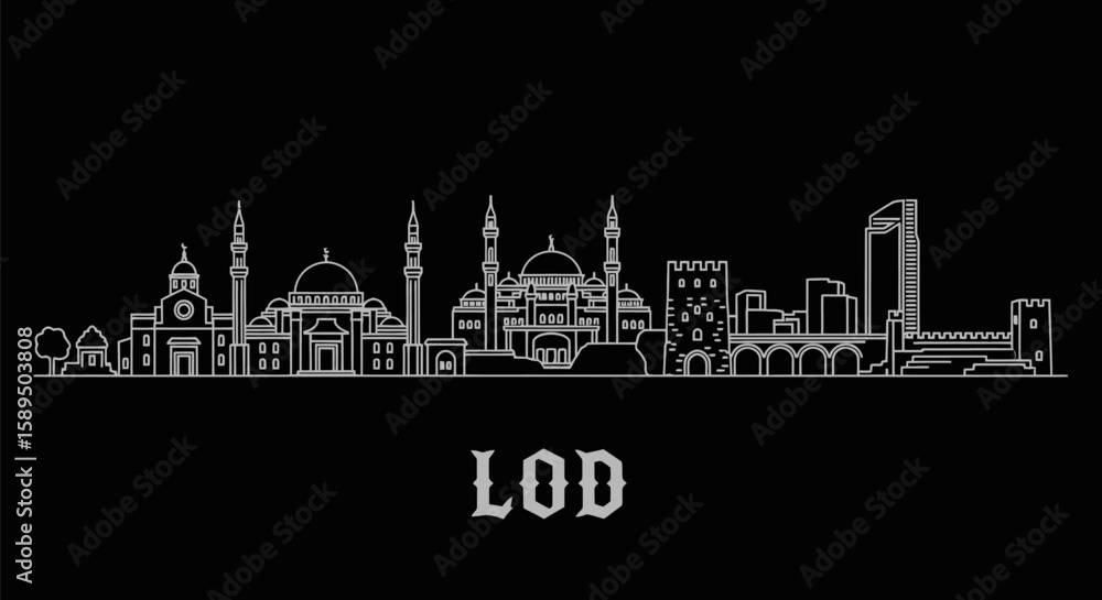 Obraz premium Lod Skyline Minimalist White Outline of Iconic City Landmarks on Black.