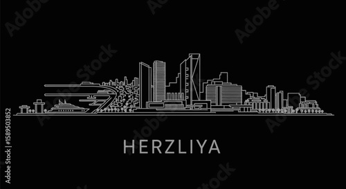 Herzliya with Israel Skyline  Minimalist White Outline on Black Background.