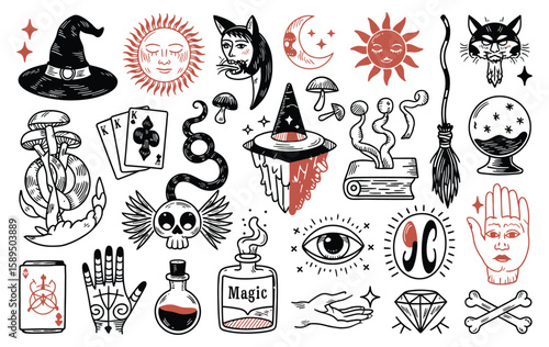 Magic Set Featuring Boho Mystical Elements, Witchcraft Icons, Palmistry Hands, Alchemy Symbols, Tarot-Inspired Cards, Skulls, and Mysterious Black Cats 