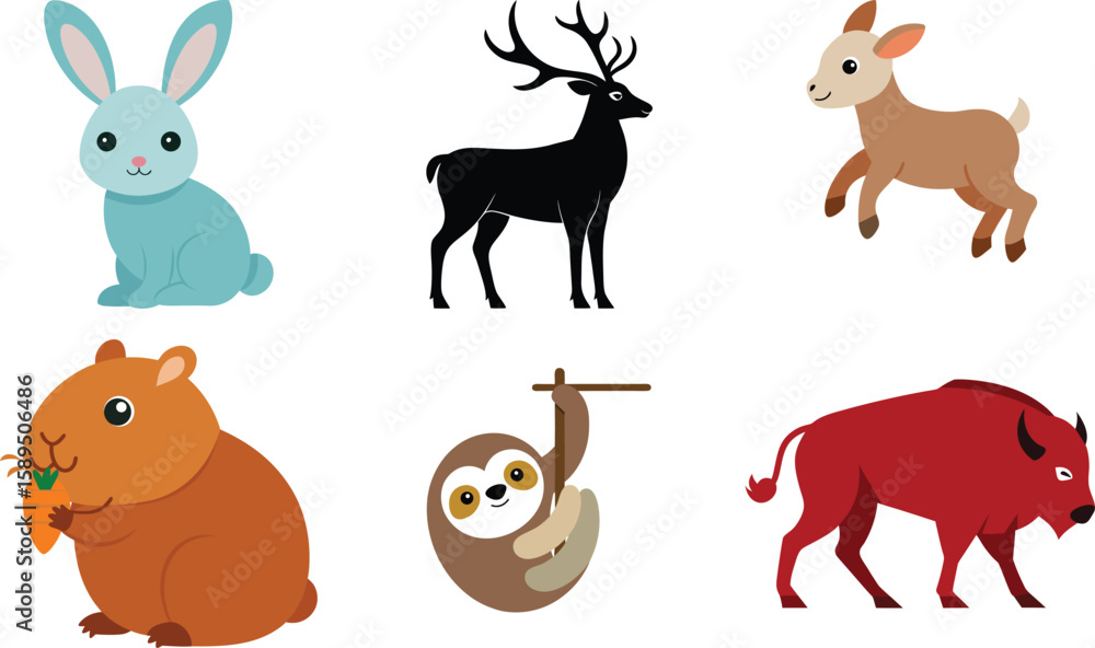 Fototapeta premium Cute Cartoon Animals Illustration Set on Transparent Background