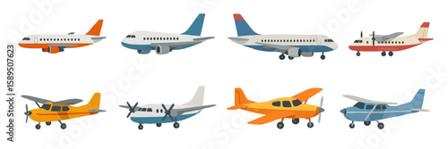 Set of airplanes featuring various designs including jets, propeller planes, and small aircraft. Vector flat illustration