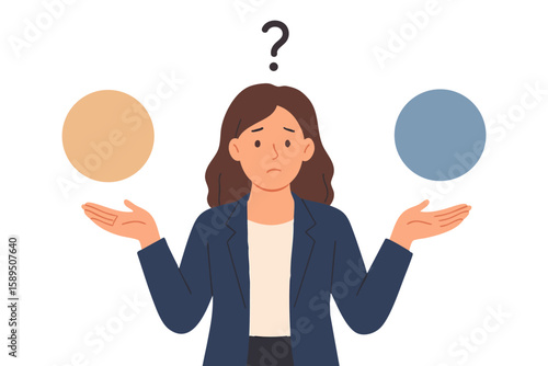 Woman business professional contemplates options with a puzzled expression. Facing dilemma, she holds two different colored circles, symbolizing choices in her career. Vector flat illustration
