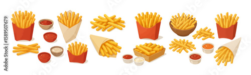 Set of fried potato dishes displayed with various dipping sauces, paper cones, boxes, and bowls, showcasing a tempting variety of fries fastfood. Vector flat illustration