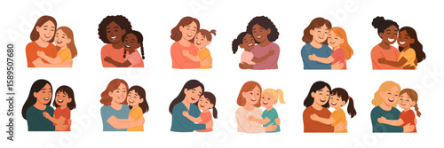 Set of multiracial diverse mothers embracing their daughters show love and connection. Mom and daughter hugging together. Vector flat illustration
