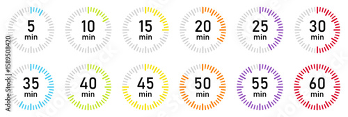 Set of colorful circular countdown timer icons displaying time intervals from 5 to 60 minutes. Ideal for presentations, infographics, fitness apps and time management. Vector illustration.