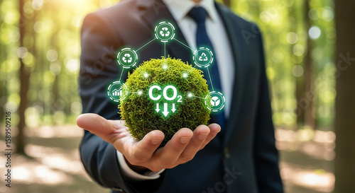 Businessman holds moss ball with CO2 reduction icons