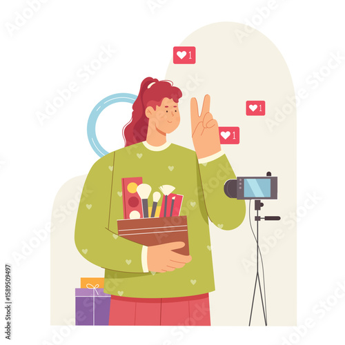 Live stream in social media blog of beauty blogger. Cartoon girl holding box with makeup products, recording tutorials for audience flat vector illustration. Online review, influence, content concept