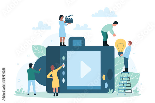Backstage studio process with camera and tiny people. Cartoon staff making movie, photo and video, holding clapperboard and light bulb flat vector illustration. Photography, cinematography concept