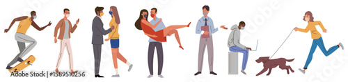 City activity of people in masks on faces set vector illustration. Cartoon man and woman wear casual clothes, characters protect health from viruses and air pollution isolated white. Safety concept