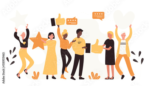 Best survey experience, support and good review evaluation from tiny people. Cartoon happy satisfied customers holding stars, thumbs up and heart likes flat vector illustration. Feedback concept