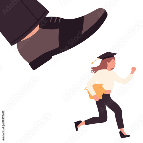 Student running away from big leg kick, giant foot crushing tiny character vector illustration. Cartoon girl in graduate cap holding and saving piggy bank background. Loan, financial pressure concept