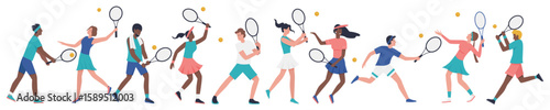 People play tennis, actions of players set vector illustration. Cartoon diverse group of man and woman holding rackets and playing, athletes jumping for ball during match isolated white. Game concept