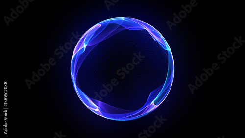 Abstract 3d sphere of purple and blue neon gradient particle waves. Artificial Intelligence concept, virtual assistant, future technology, innovations. Vibrant energy sphere, glowing 3d orb.