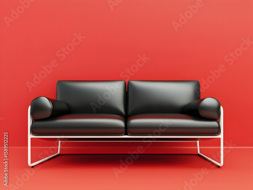3D render of a modern black leather sofa on a red and white background3D render of a modern black leather sofa on a red and white background
