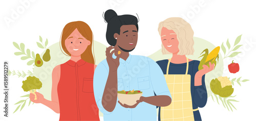 Vegan healthy lifestyle, food diet and nutrition. Cartoon young people holding vitamin vegetable ingredient and cooking, vegetarian tasty meal on plate flat vector illustration. Nourishment concept