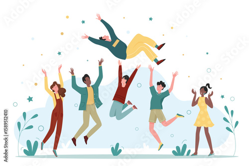 Happy people celebrate victory. Cartoon colleague, friends or employees toss winner on celebration, group of male and female characters rejoice vector illustration. Community, party, win concept